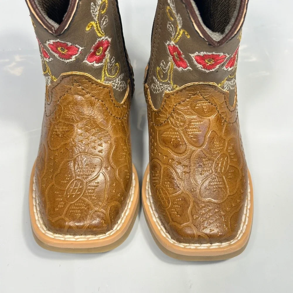 Richard West Cowboy Boots Girls 5.5 Brown Floral Embroidered Leather Excellent‎